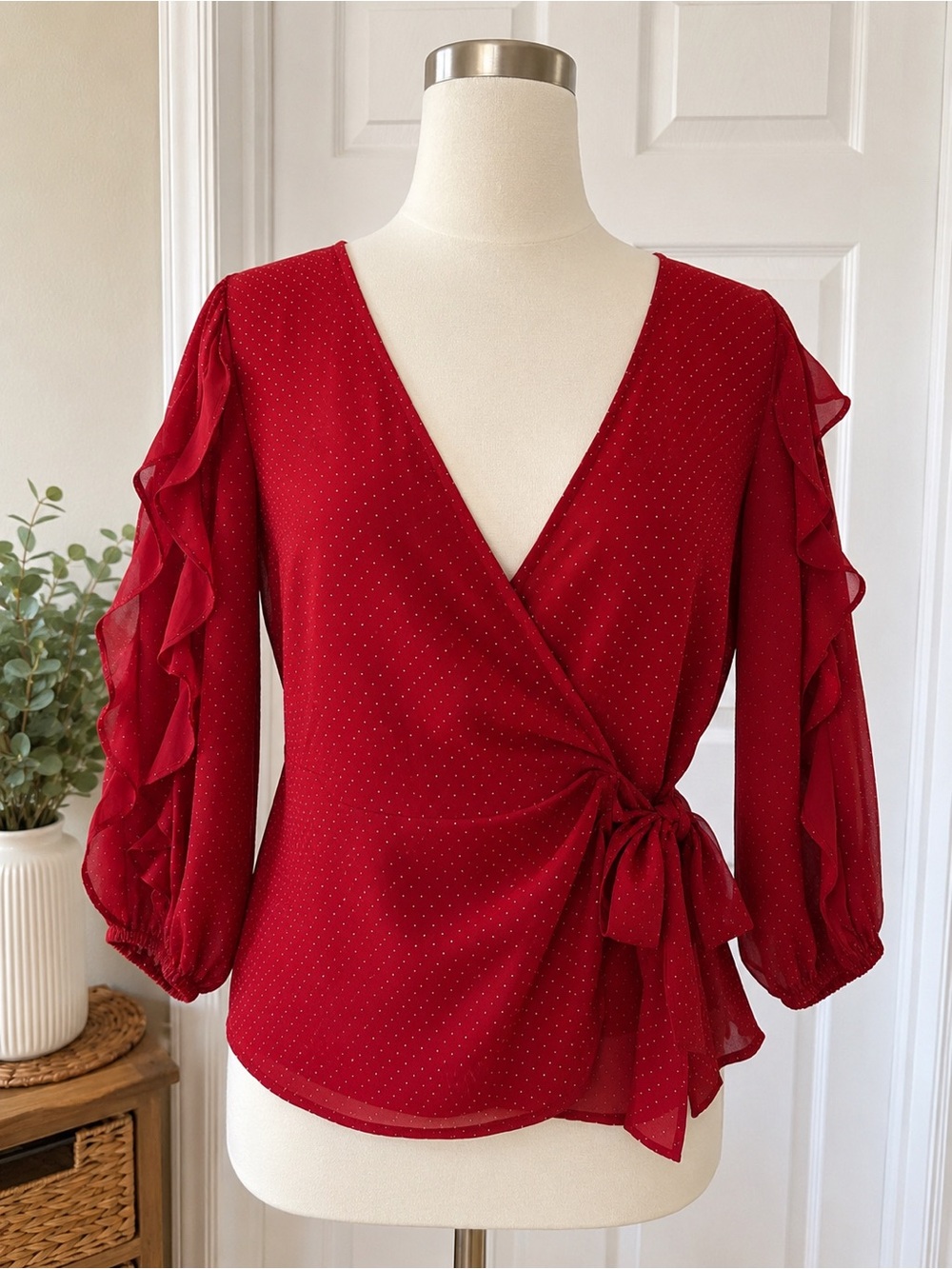 New York & Company Red Wrap Blouse with Ruffle Sleeves